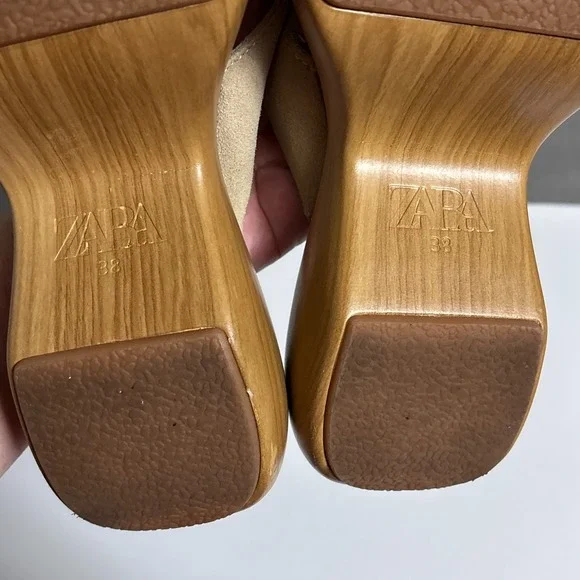Zara Sandals 38 Beige Sand Nude Suede Platform Clog Shoes Faux Wood Chunky Heels - Picture 9 of 14